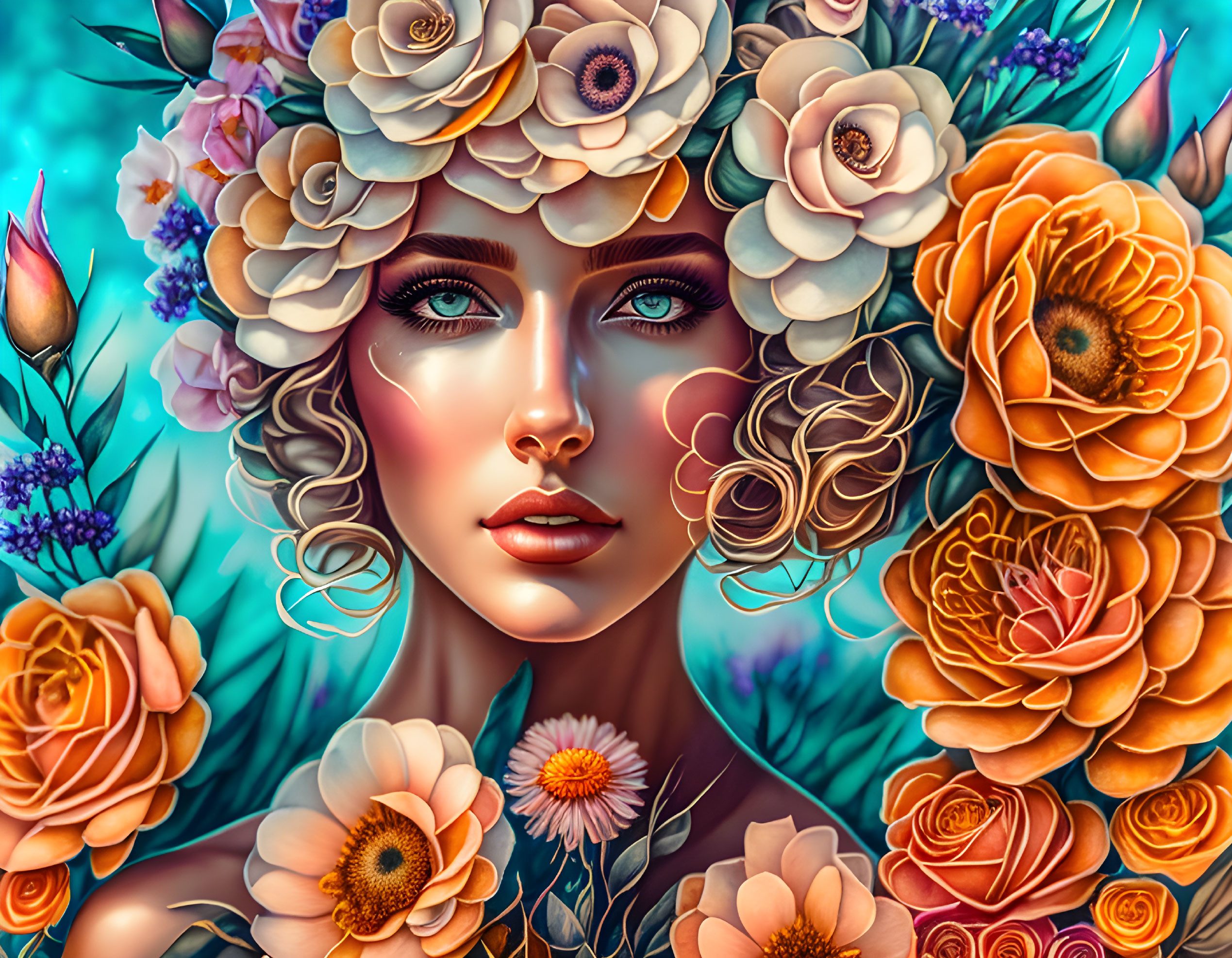 Woman with Floral Hair Illustration in Vibrant Colors