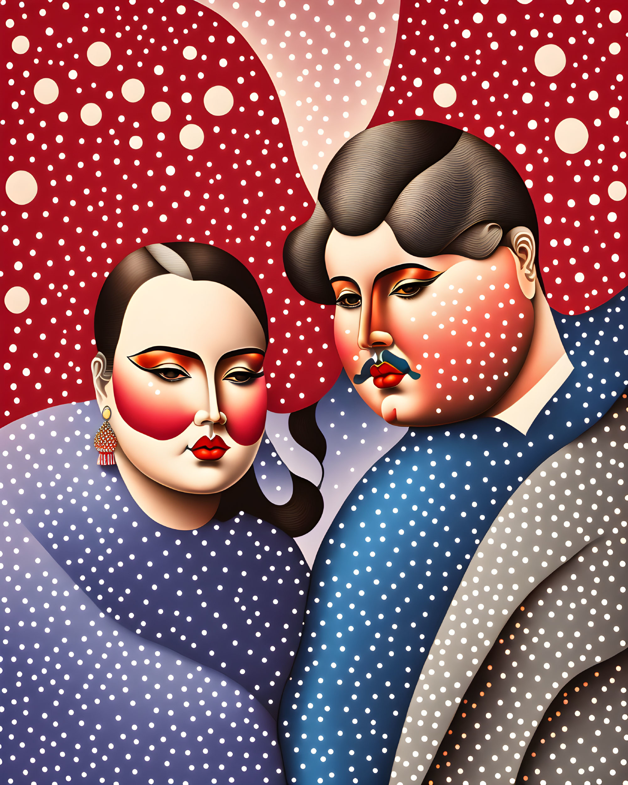 Stylized figures with polka-dot patterns and theatrical makeup on red background