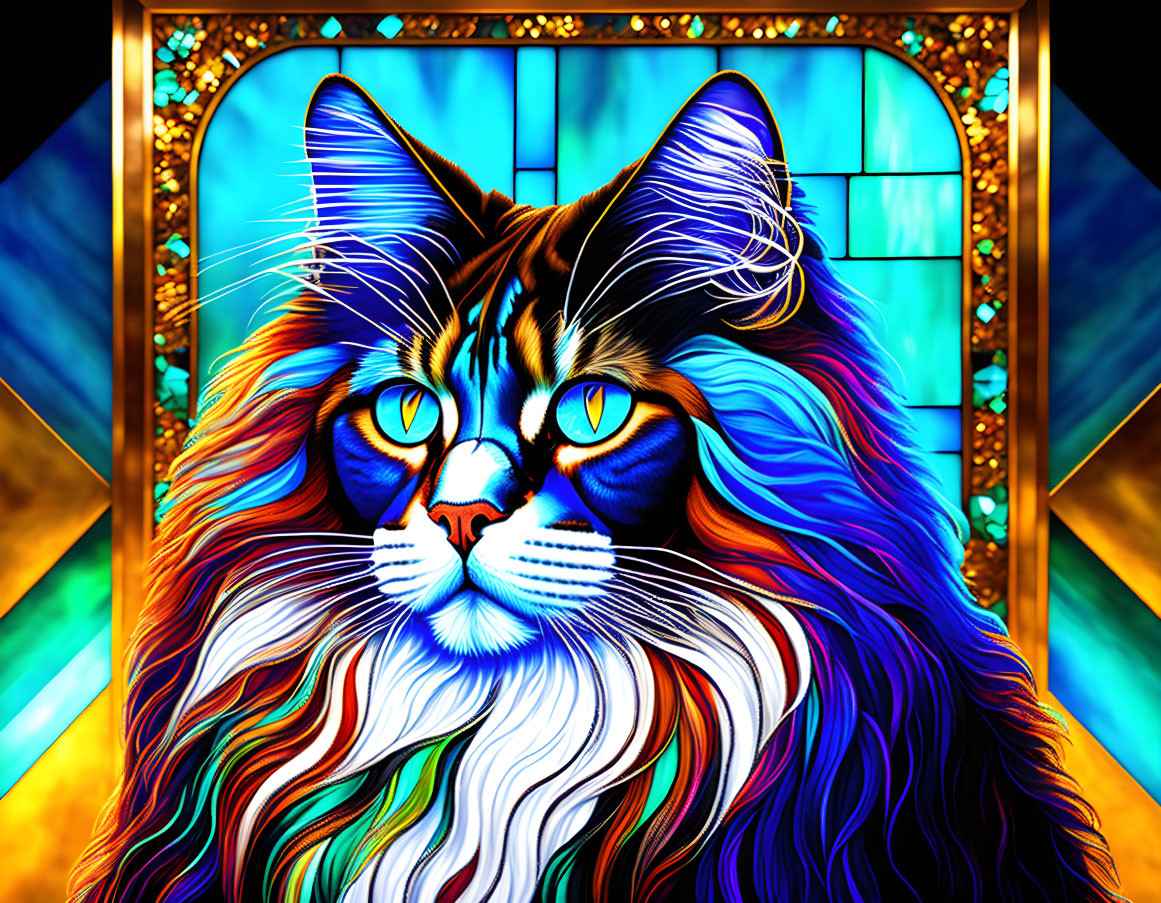 Colorful Cat Artwork with Blue Eyes on Stained Glass Background