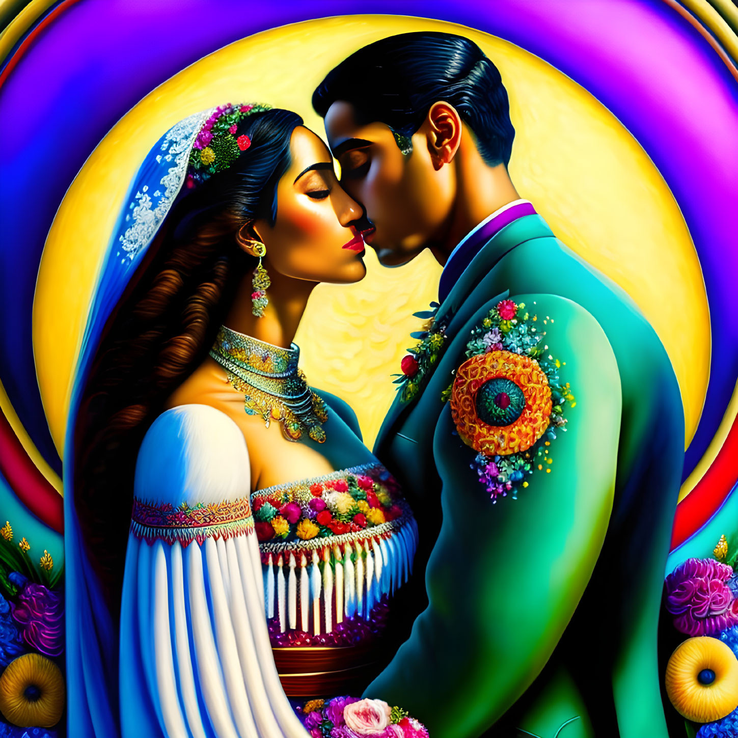 Romantic couple in traditional attire kissing against vibrant background