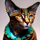 Regal cat digital artwork with gold and turquoise jewelry