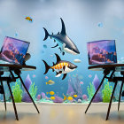 Cartoon sharks in underwater office with computers