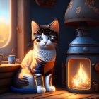 Cozy digital artwork of fluffy cat by fireplace with snow outside