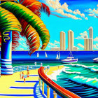 Colorful seaside scene with person on pier, palm trees, boats, and skyscrapers under blue