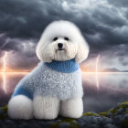 Fluffy White Dog with Blue Collar Against Stormy Sky