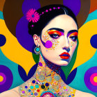 Vibrant surreal portrait with woman's face amidst flowing abstract shapes