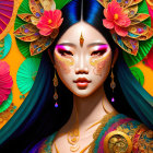 Colorful Digital Artwork: Stylized Woman with Golden Skin and Floral Decorations