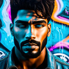 Stylized man with beard and face tattoos in graffiti background