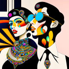 Vibrant digital art: Two women in profile with ornamental designs on geometric backdrop