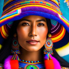 Striking Woman in Colorful Traditional Hat and Earrings on Blue Background