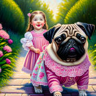 Young girl in pink dress walks pug in matching attire through lush garden path