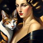 Stylized portrait of woman and cats with golden accessories on warm abstract background