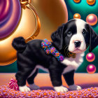 Black and white puppy with jeweled accessory on vibrant, bead-covered surface