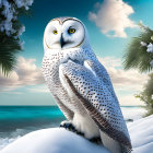 Snowy Owl on Snow-Covered Branch with Snowflakes and Fir Trees