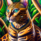 Adorned Bengal Cat with Blue Eyes in Lush Green Foliage