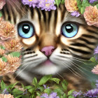 Detailed Illustration of Adorable Kitten with Striking Blue Eyes Among Pink and Purple Flowers