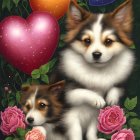 Two Cute Puppies with Pink Roses and Floating Hearts on Green Background