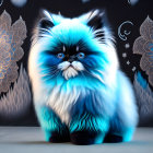 Stylized fluffy cat with blue and white fur and intricate background