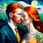 Illustrated formal couple in fantasy setting with warm colors and floral motifs