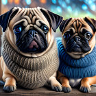 Two pugs in sweaters indoors, one beige, one blue, cozy bokeh background