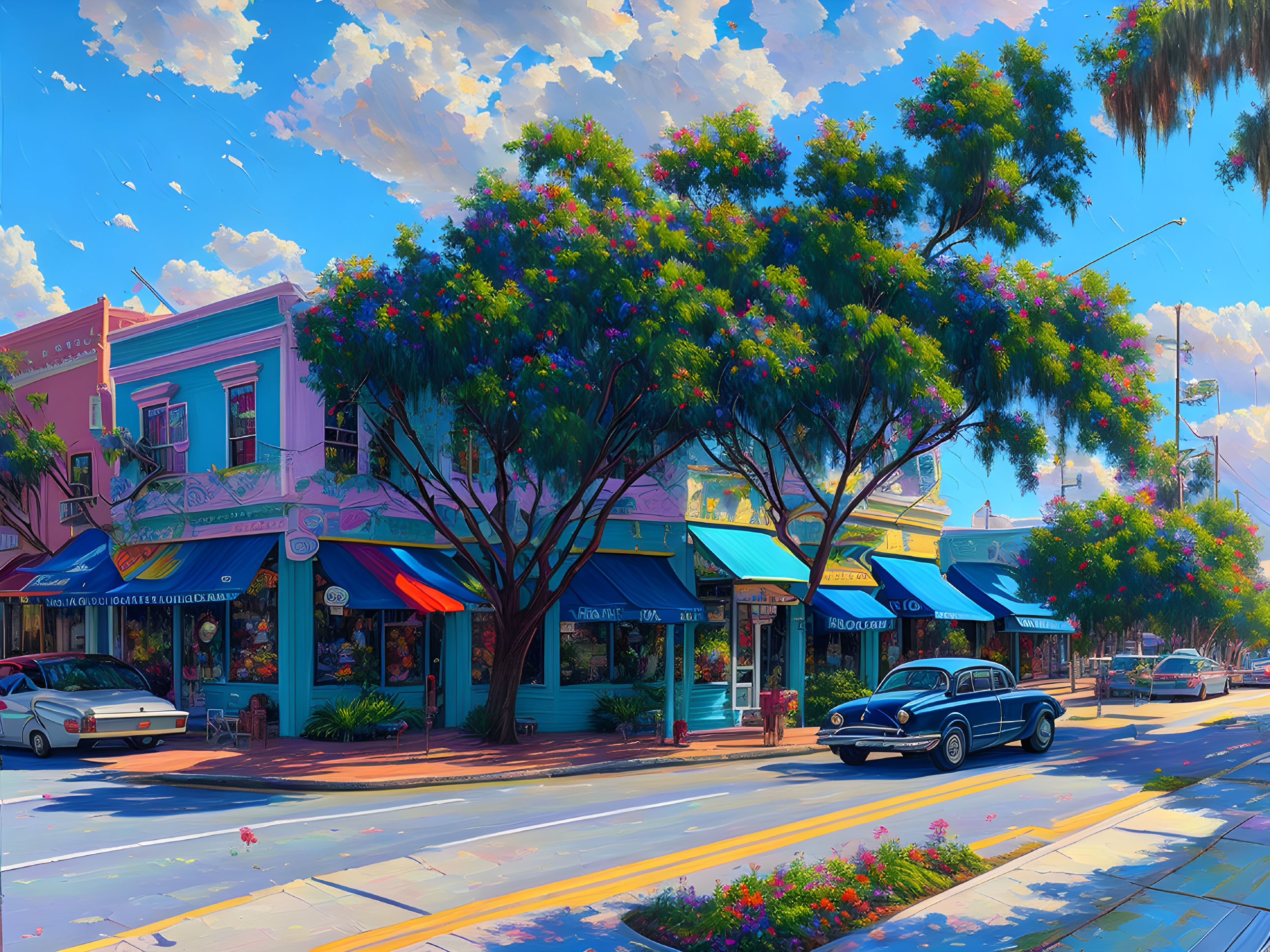 Vibrant street scene with colorful storefronts, vintage cars, and blooming trees