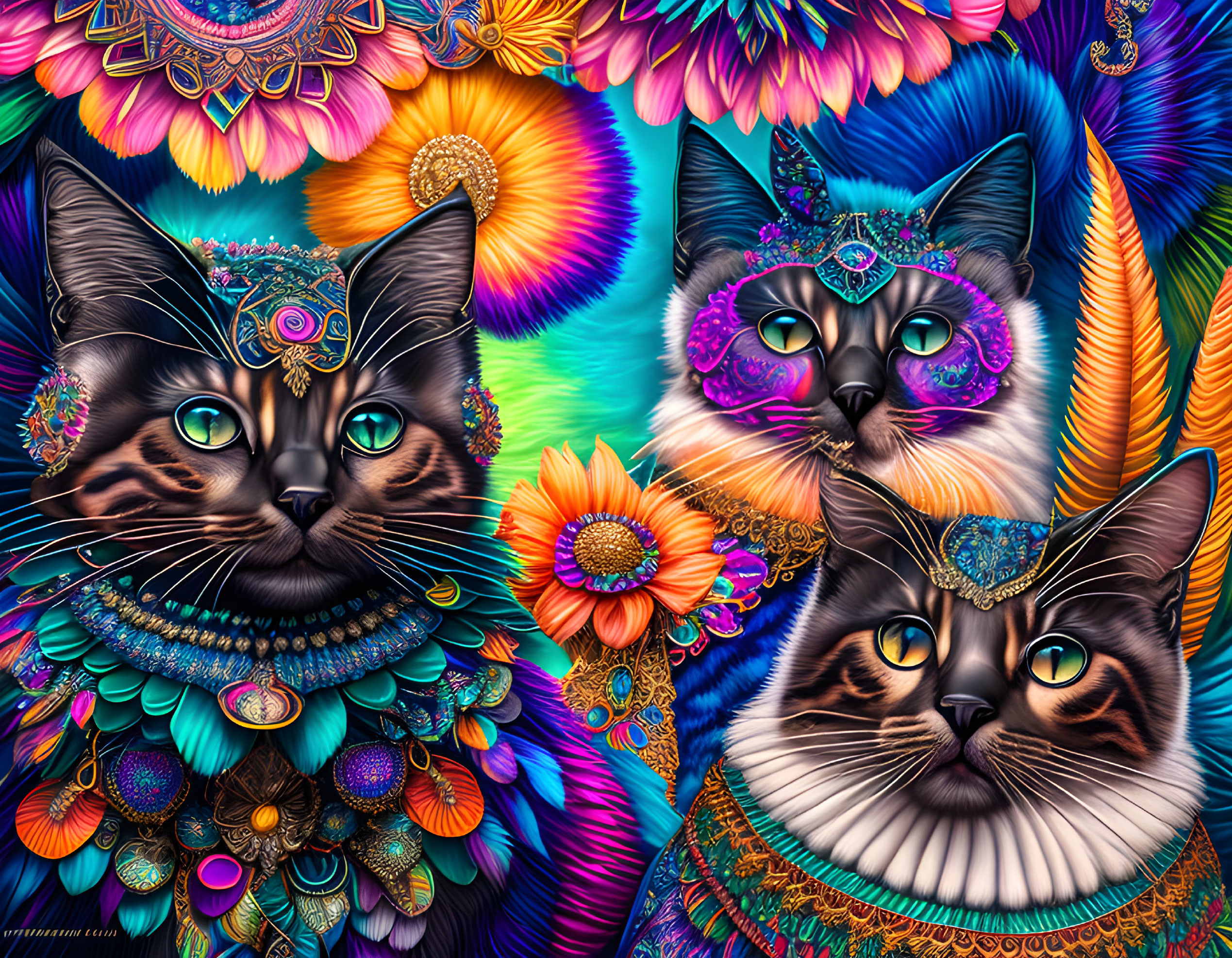 Vibrant Cat Illustration with Jewelry and Floral Background