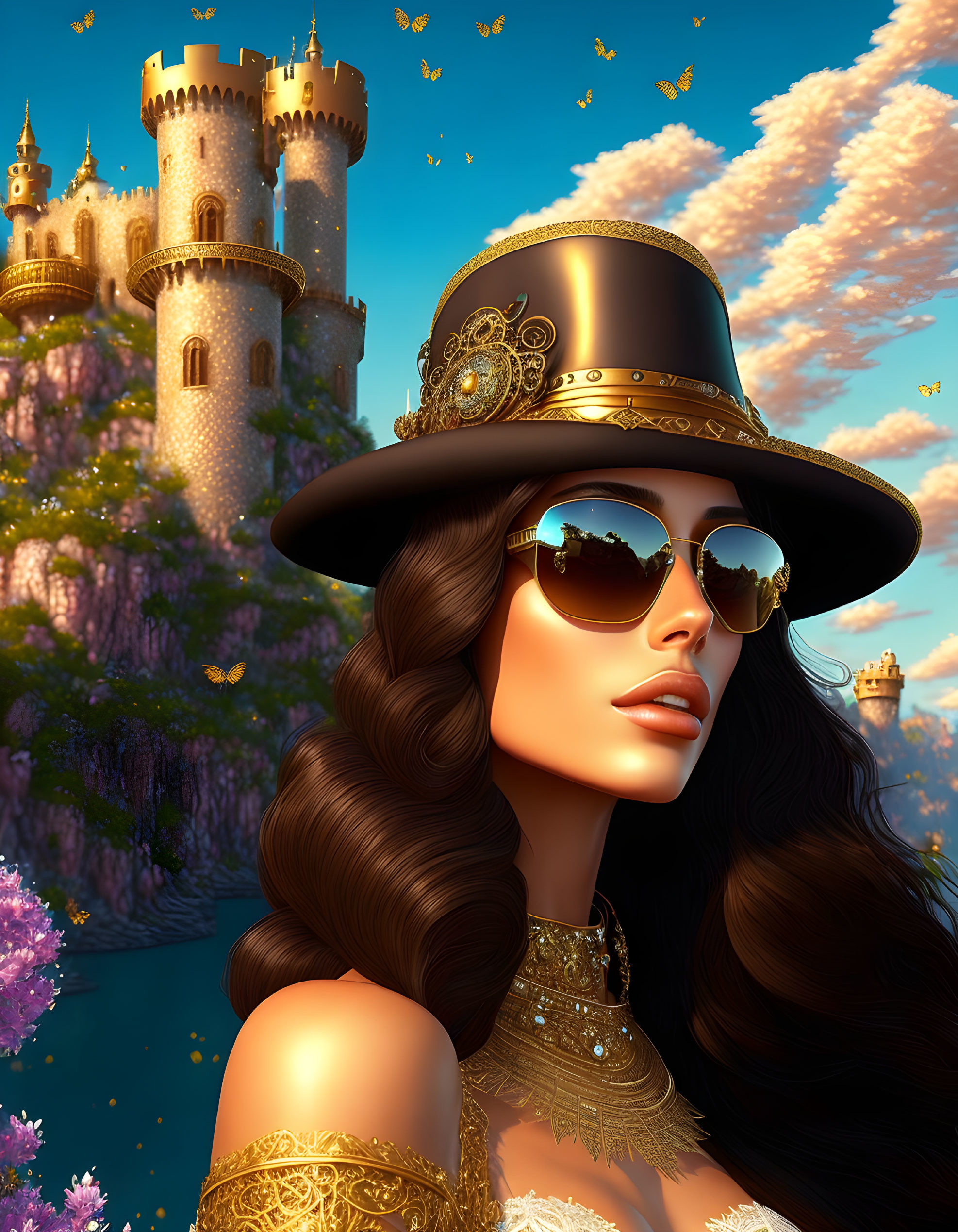 Stylized 3D illustration of woman with wavy hair, hat, sunglasses, and fantasy