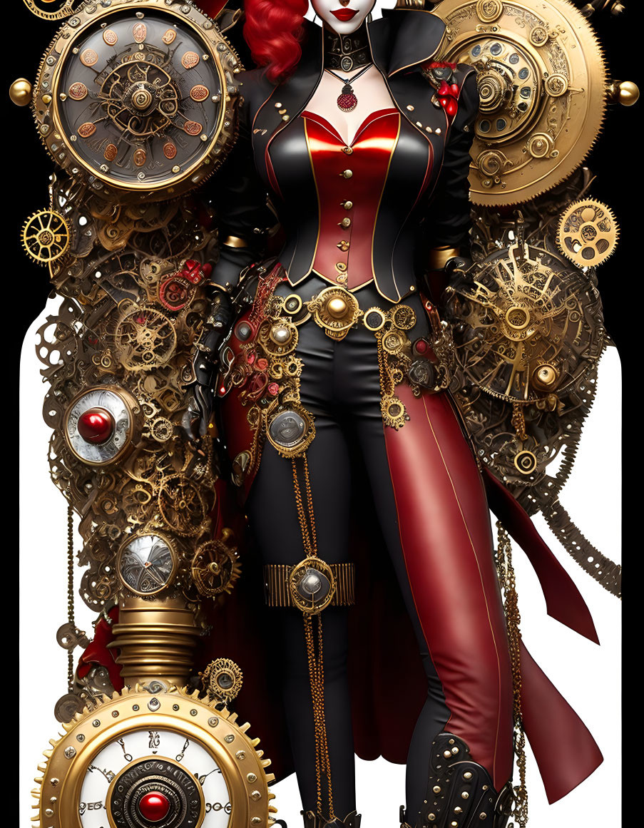 Steampunk-themed woman in red and black corset with gears and clocks costume.