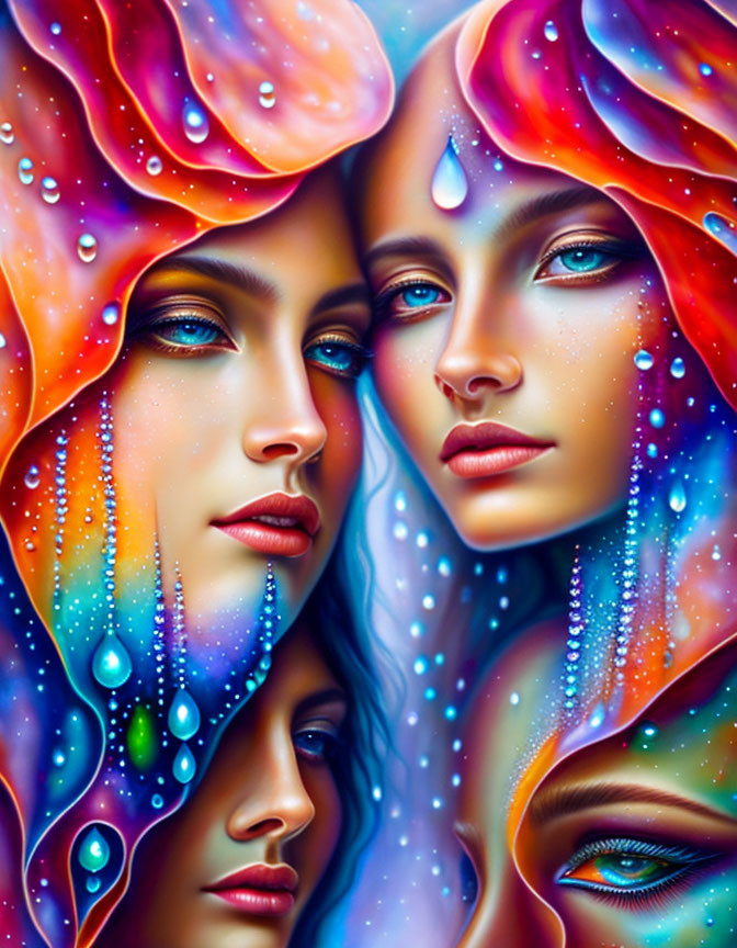 Stylized female figures with vibrant multicolored skin and hair, water droplets, celestial motifs