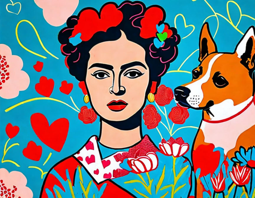 Woman with Flowers in Hair Poses with Dog on Blue Background