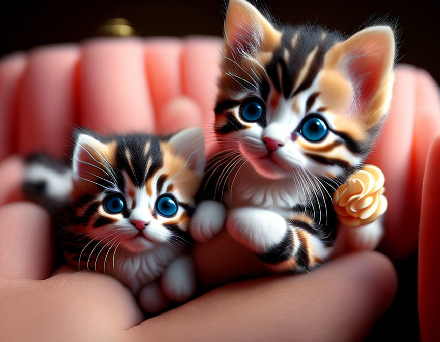 Realistic miniature cat figurines with striking blue eyes in cupped hands