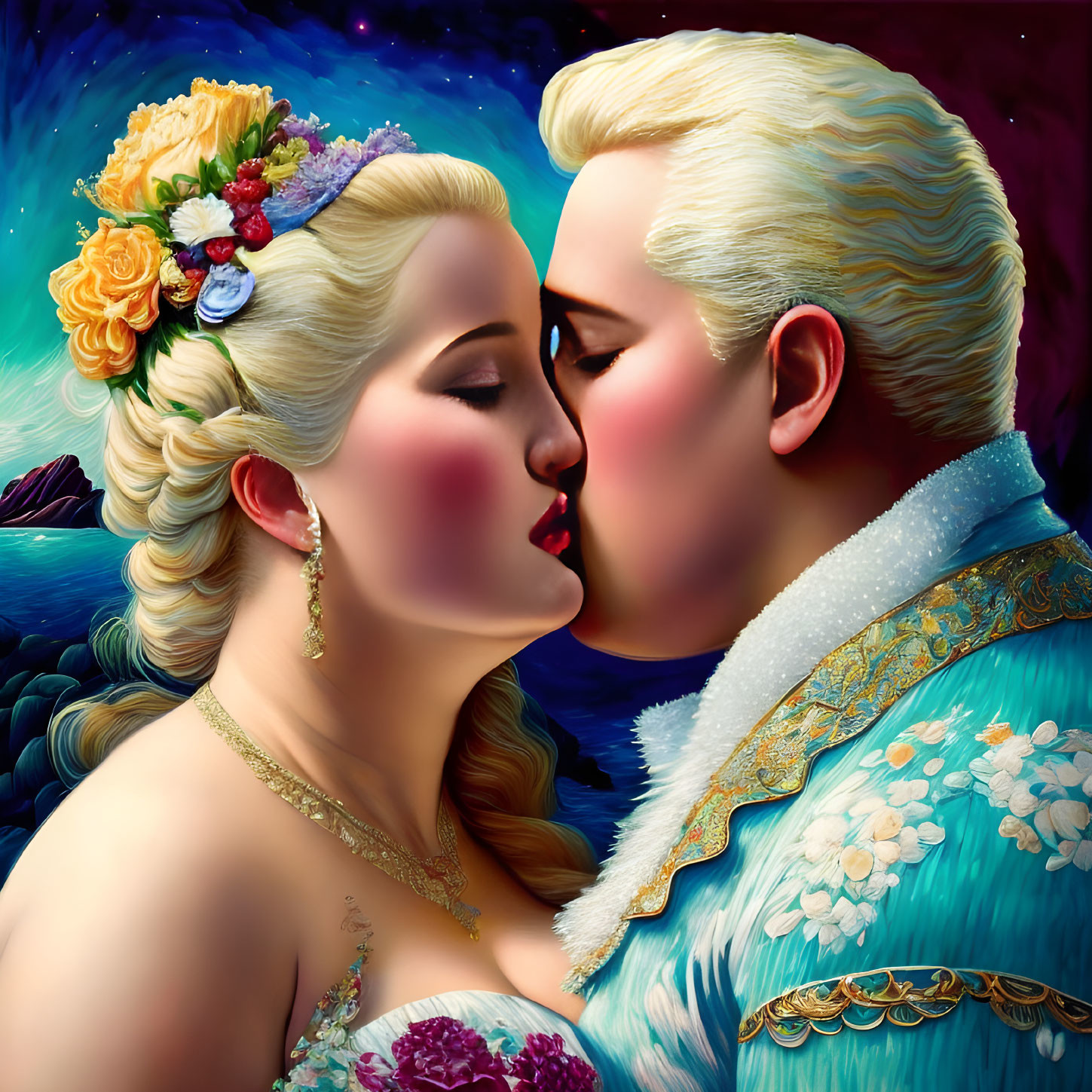 Illustration of couple kissing in cosmic attire