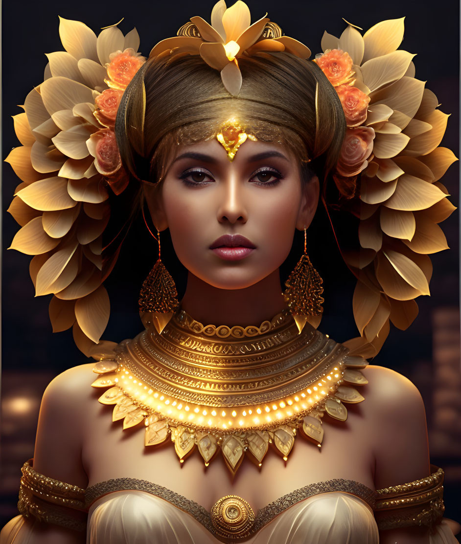 Elaborate Golden Jewelry and Lotus Flower Headdress on Woman