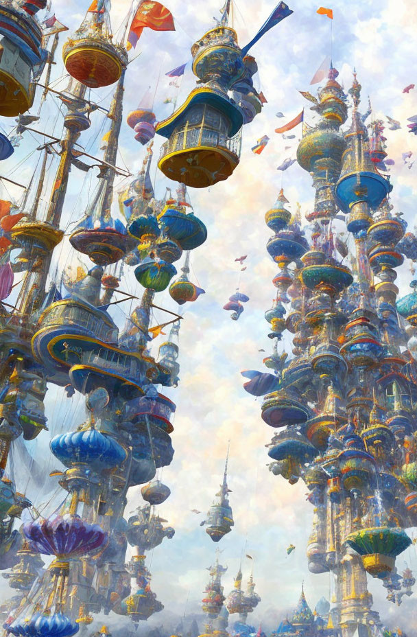 Vivid Fantasy Sky City with Ornate Towers and Airships