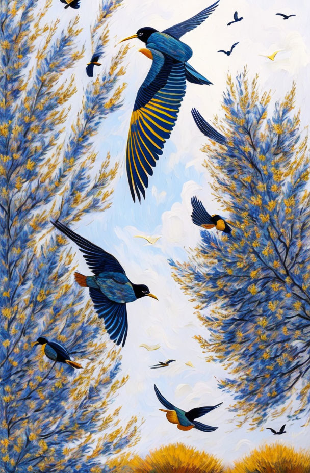 Colorful Painting of Blue and Yellow Birds Flying in Golden Foliage