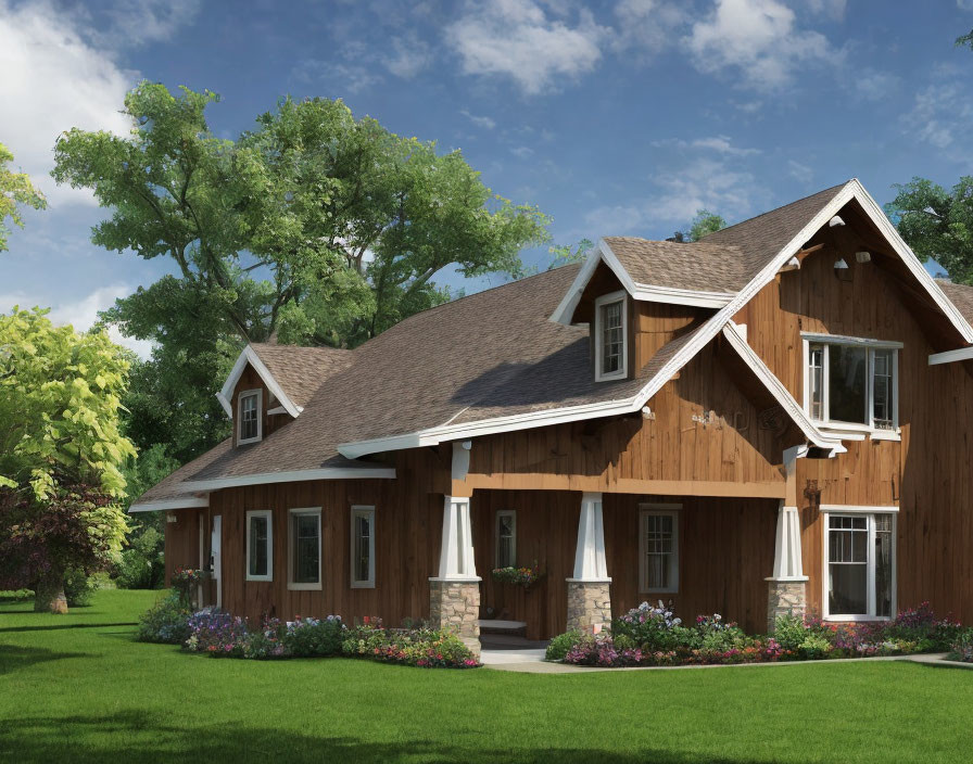 Rustic wooden house with gable roofs in lush greenery