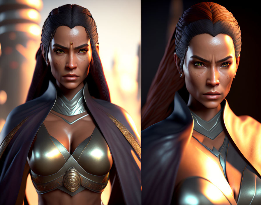 Digital art portrait of fierce female character in golden armor and metallic collar against warm backdrop