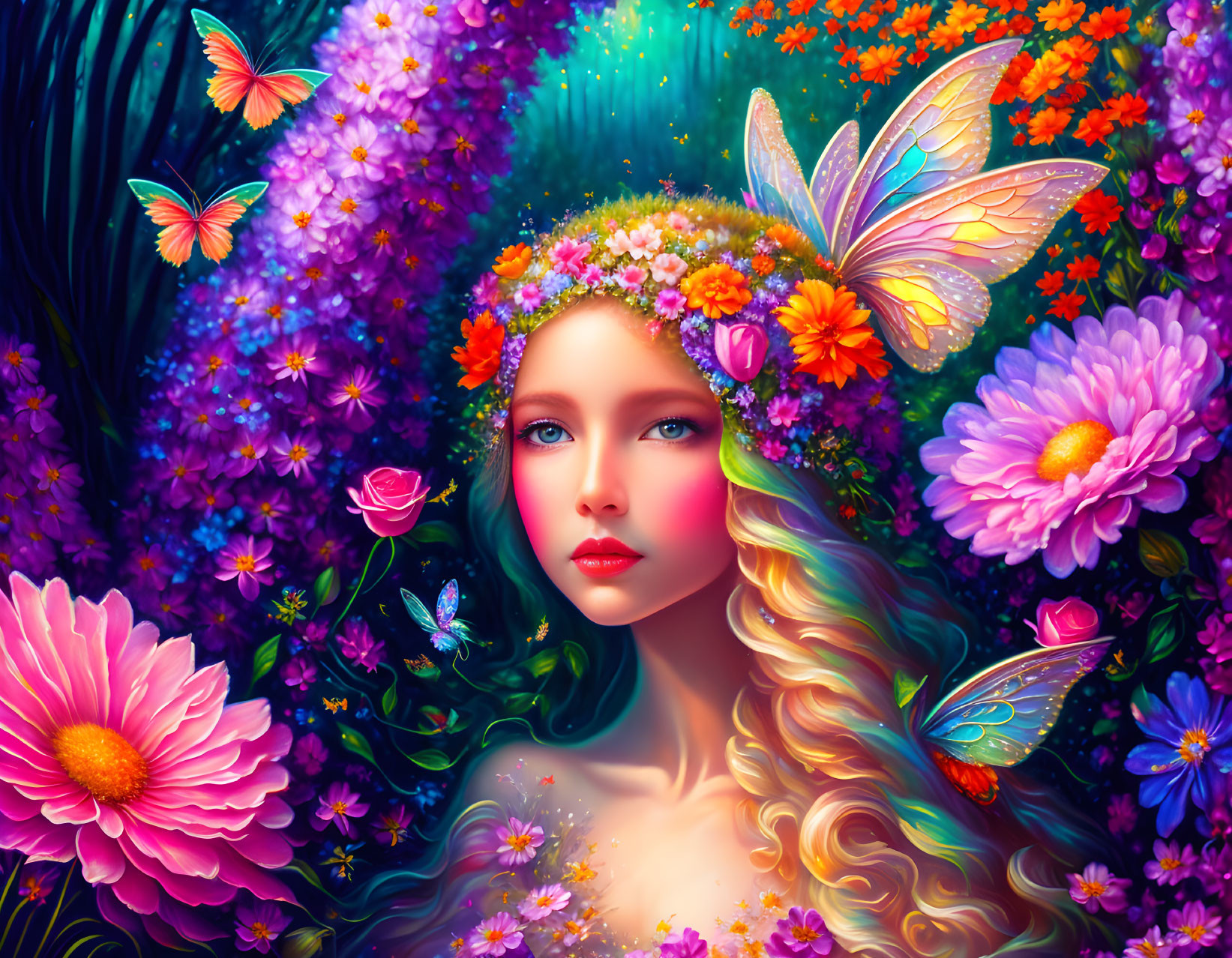 Colorful Floral Crown Woman Surrounded by Flowers and Butterflies