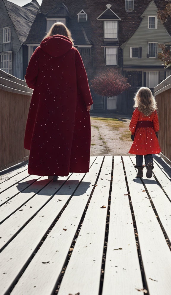 Woman and girl in red coats walking on wooden bridge towards sunlit houses