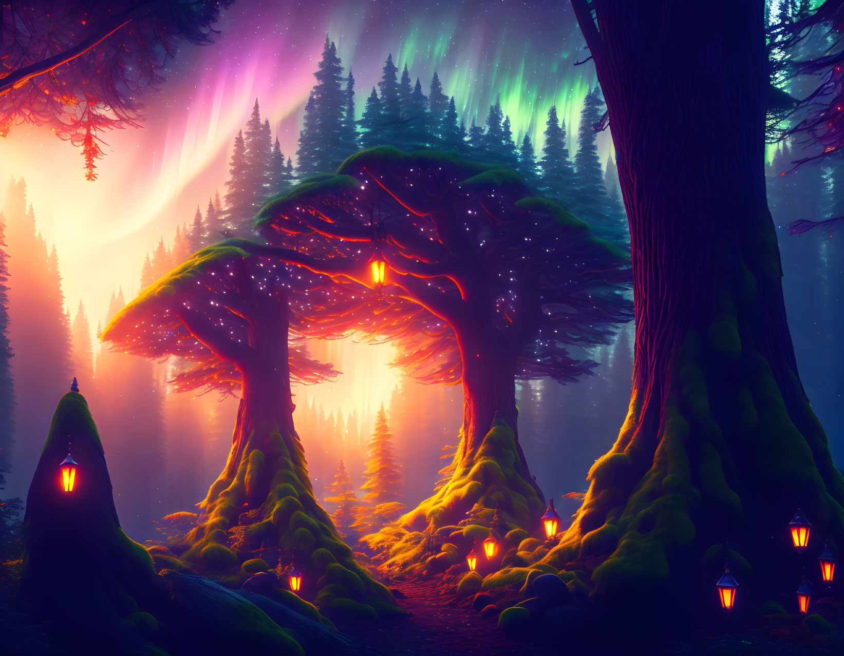 Enchanting forest with glowing trees and vibrant auroras