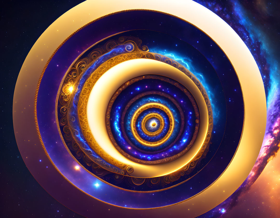 Vibrant digital artwork: Spiral galaxy with golden patterns in starry space