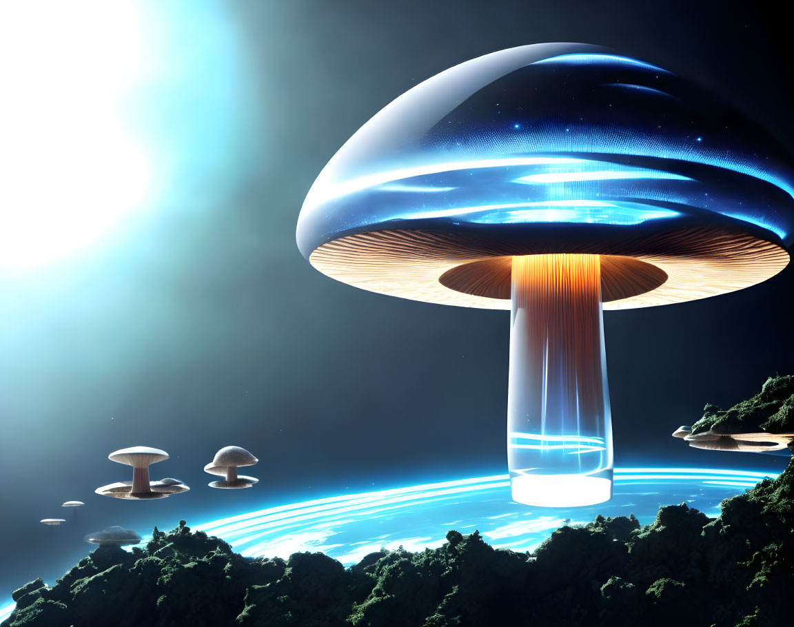 Futuristic image of glowing mushroom structures in space