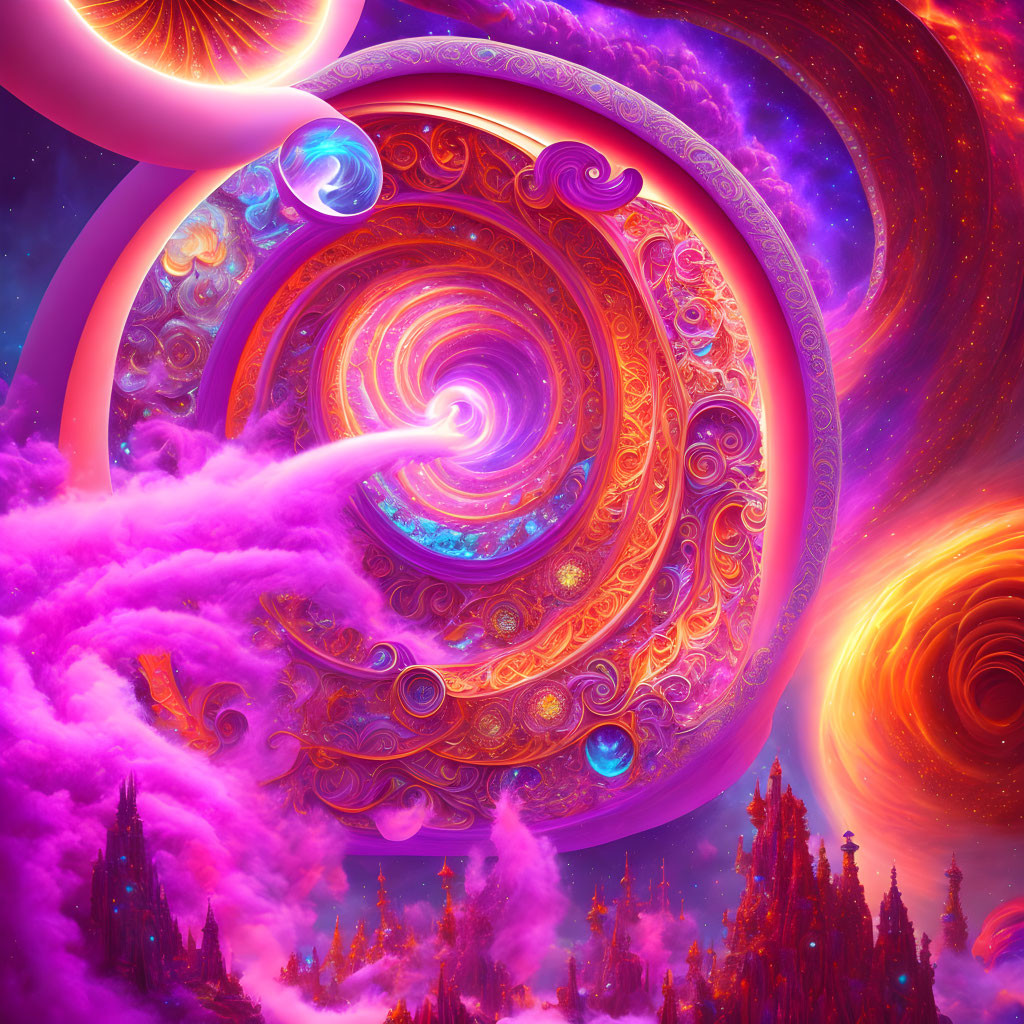 Colorful Psychedelic Cosmic Scene with Swirling Patterns and Celestial Bodies