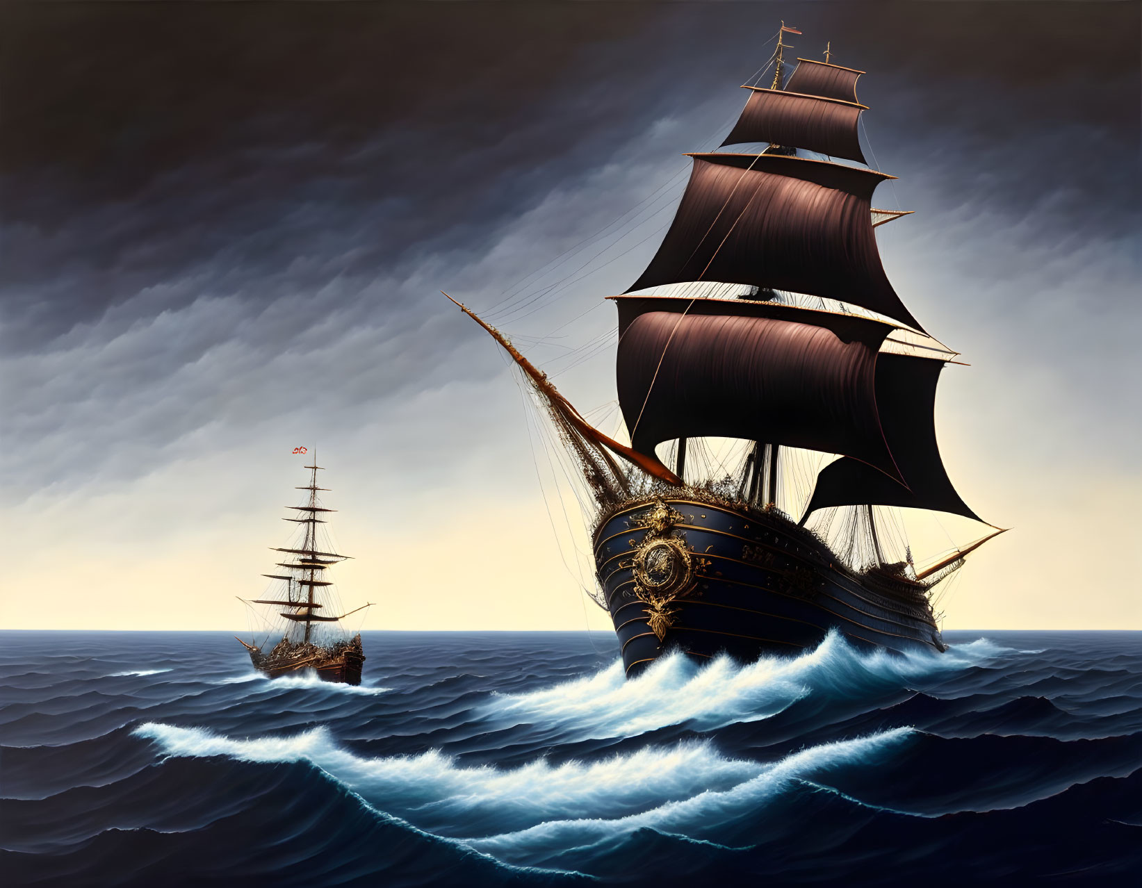 Majestic sailing ships with dark sails on turbulent sea waves