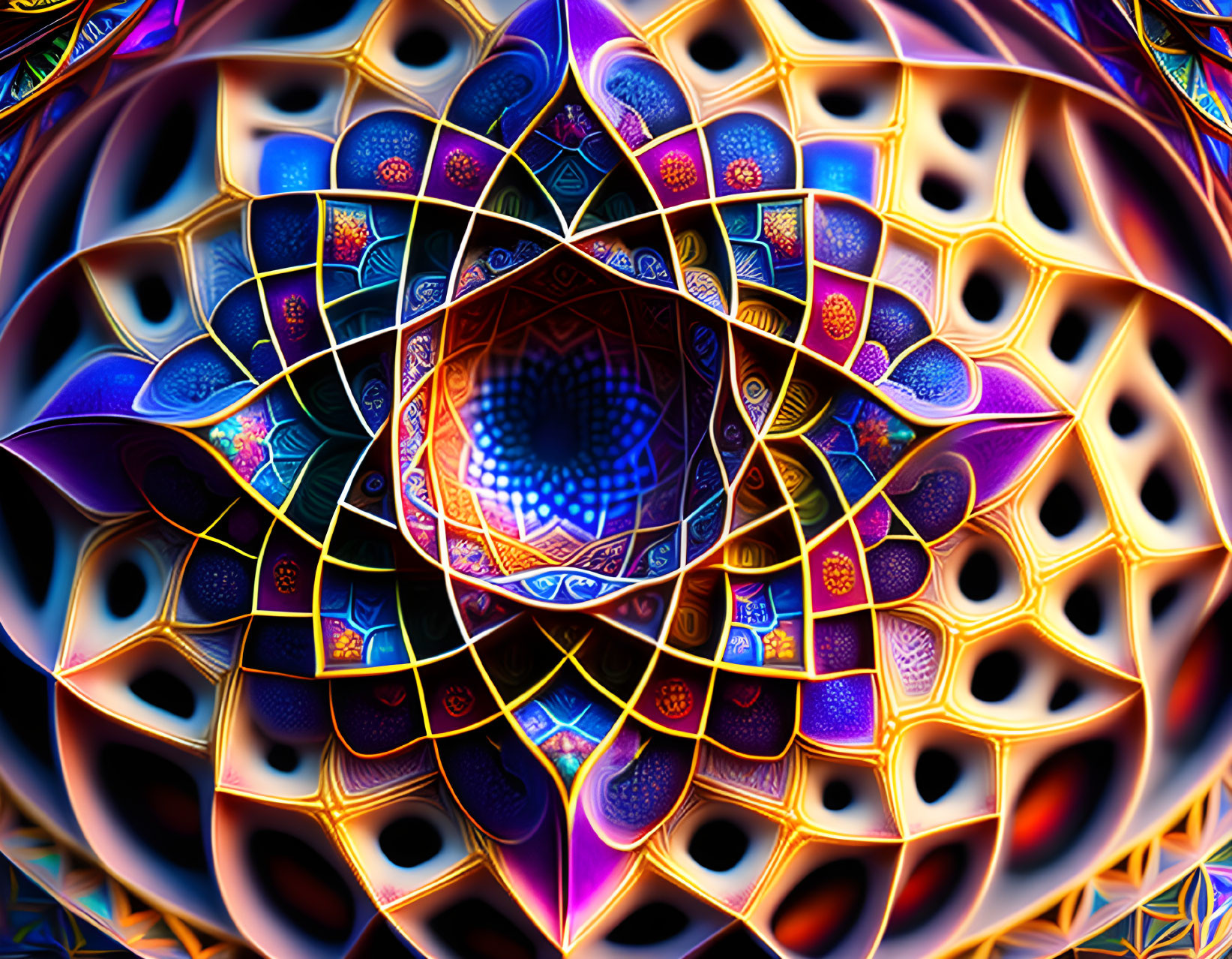 Colorful Fractal Art: Mandala Design with Symmetrical Shapes