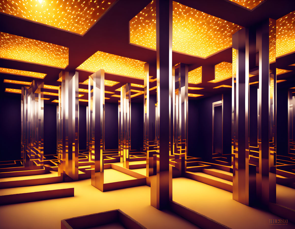 Mirrored room with golden lights and vertical pillars creating infinite space