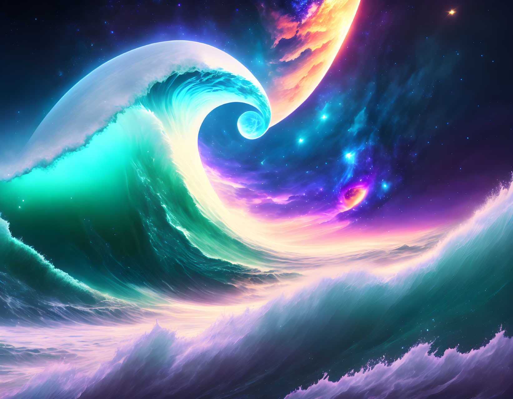 Colorful digital artwork: Cosmic wave, galaxy swirls, starlit sky, warm planet