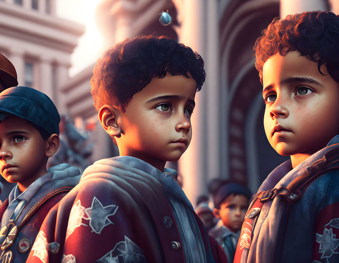 Three determined children in blue militia jackets with stars, standing against an architectural backdrop