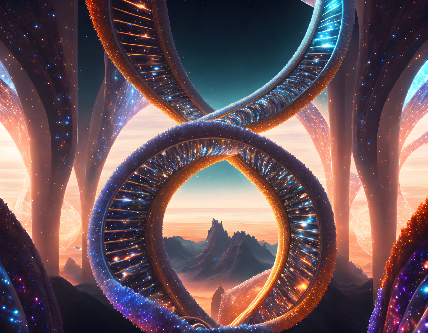 Fantastical digital art: Illuminated loop structure on cosmic backdrop.