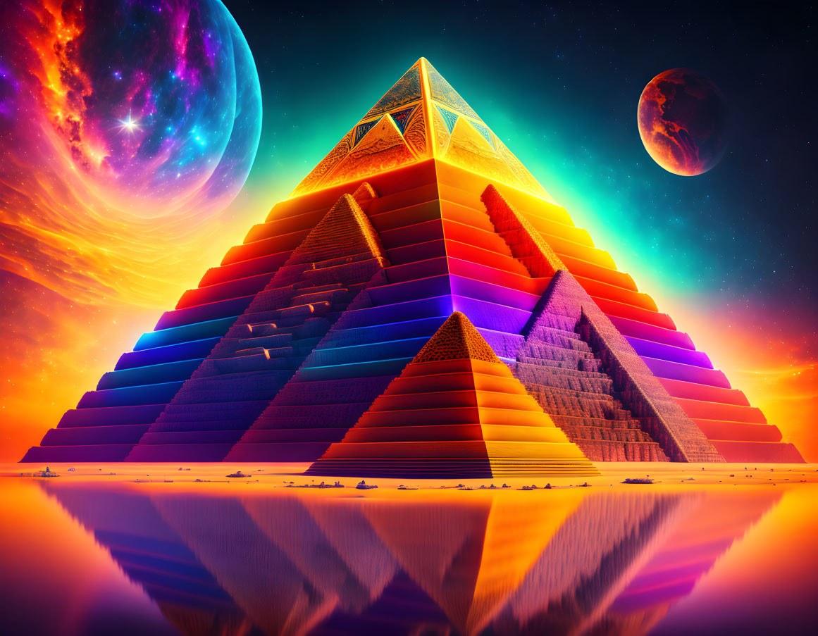 Colorful Pyramid with Glowing Capstone Under Cosmic Sky and Planets